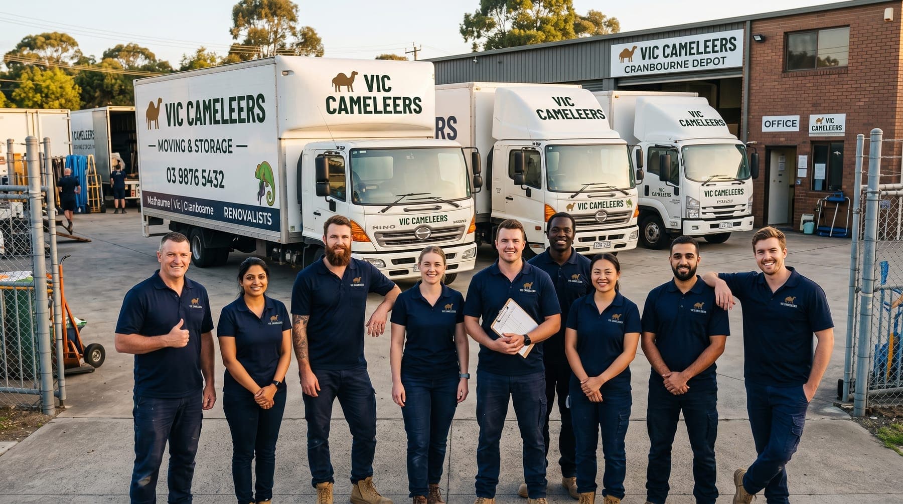 The Vic Cameleers crew standing in front of the trucks at the Cranbourne depot