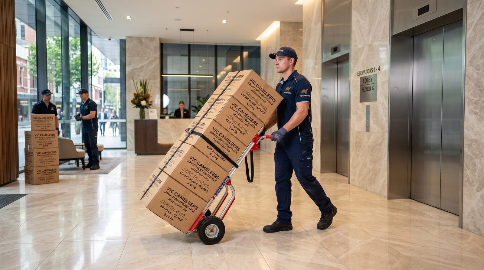 A mover wheeling a stack of boxes on a hand trolley through an apartment building foyer