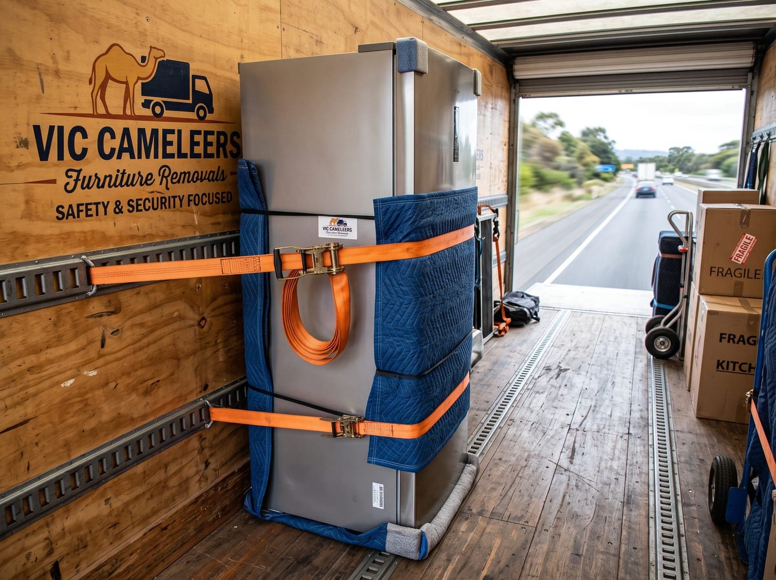 A fridge wrapped in furniture blankets and strapped upright inside the truck
