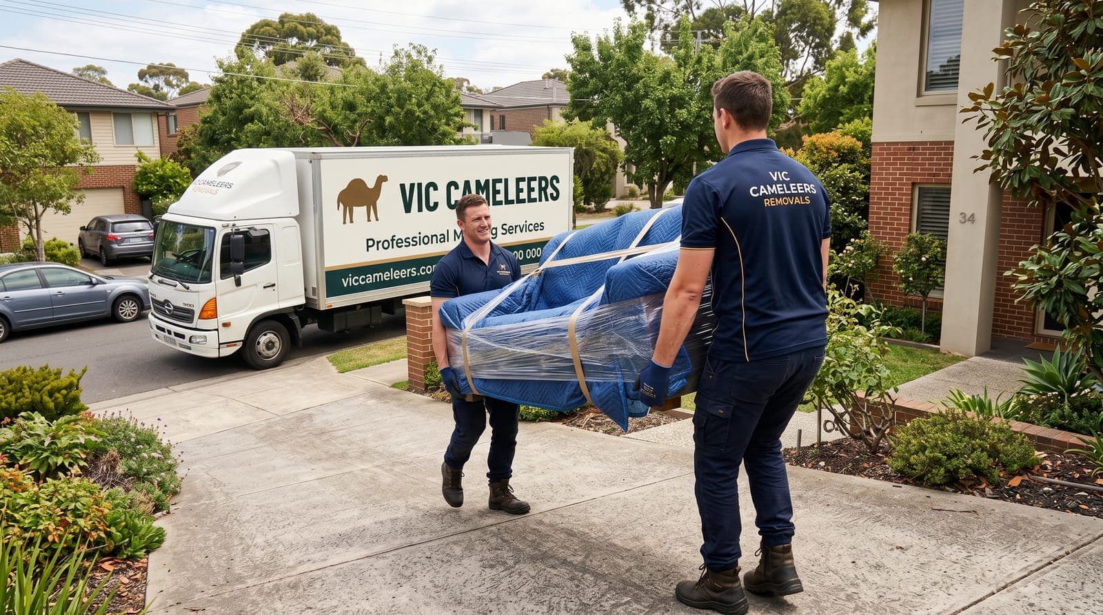 Two movers carrying a plastic-wrapped couch down a driveway to the truck