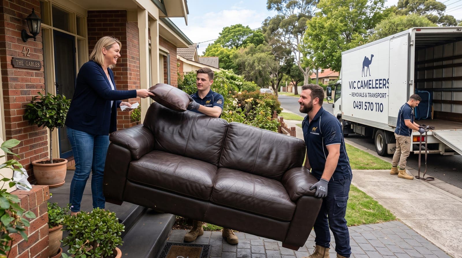 Two movers lifting a second-hand leather couch from a seller's front step, with the truck waiting on the street