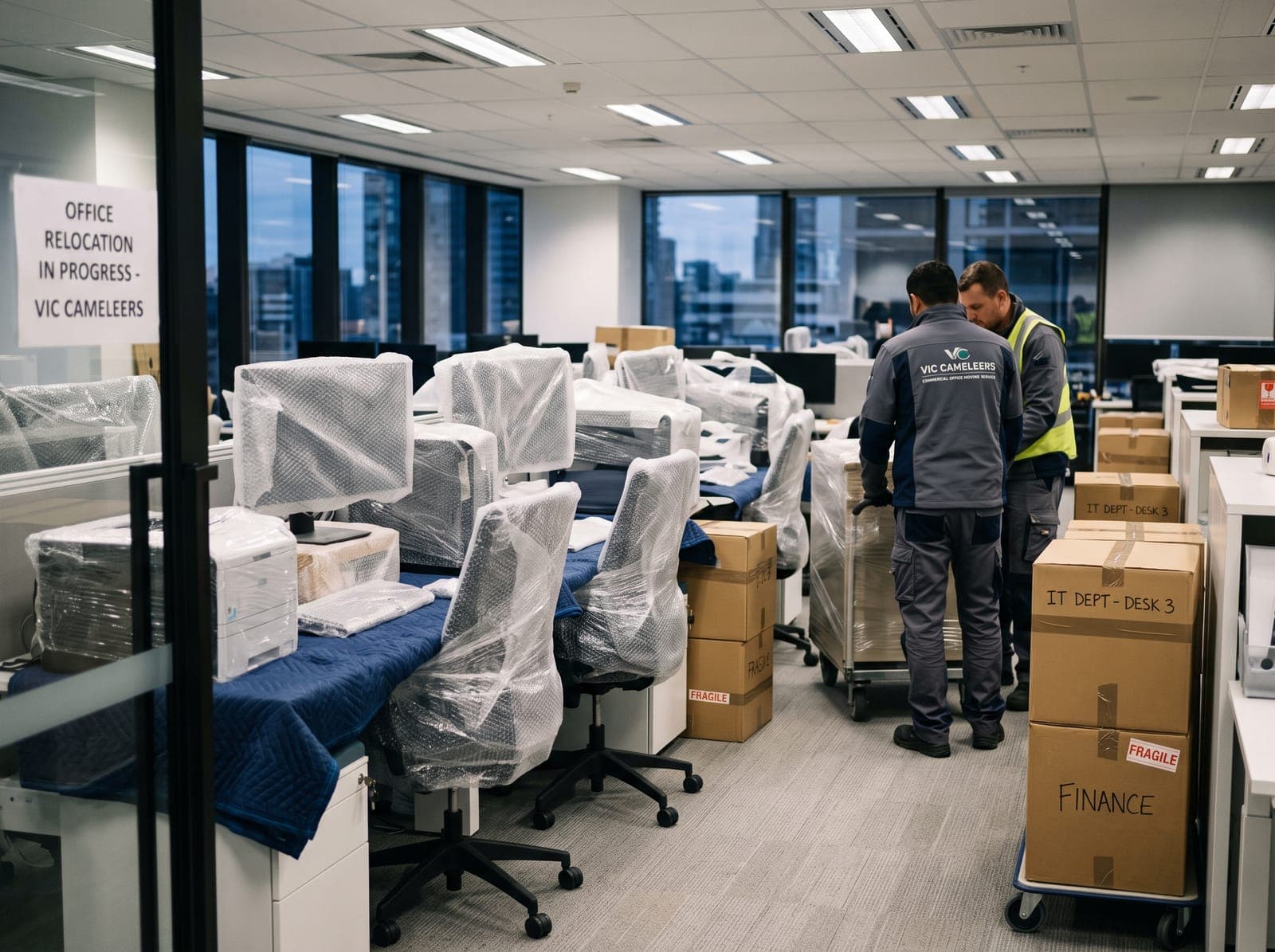 Office desks, chairs and monitors wrapped in plastic, with labelled boxes on trolleys ready to load