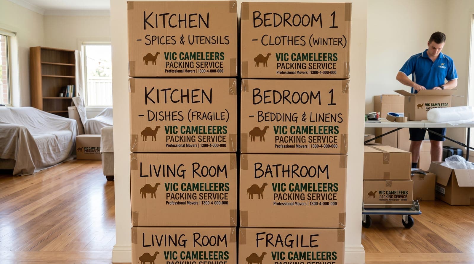 Moving boxes labelled by room stacked in a lounge room, with a packer working in the background
